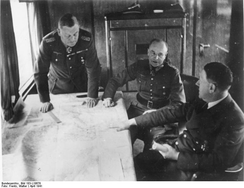Adolf Hitler discusses the Balkan situation with generals Walther von Brauchitsch and Wilhelm Keitel in Hitler's special train parked near Mönichkirchen (Führerhauptquartier Frühlingssturm)